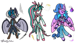 Size: 952x546 | Tagged: safe, artist:destiny_manticor, oc, oc only, oc:crimson watermelon, oc:elizabat stormfeather, oc:saphira moon, alicorn, bat pony, bat pony alicorn, ghoul, original species, pony, undead, semi-anthro, alicorn oc, bat wings, bone tail, brush, clothes, collar, colored wings, curly mane, digital art, feather, female, goat horns, horn, horn markings, horns, jewelry, knife, long mane, mare, not celestia, not izzy moonbow, not luna, notebook, pen, plushie, pony plushie, simple background, spikes, transparent background, trio, two toned mane, two toned wings, unshorn fetlocks, wings