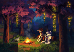 Size: 2138x1500 | Tagged: safe, artist:koviry, oc, oc only, oc:eula phi, oc:vird-gi, cat, pony, unicorn, blue eyes, braid, braided ponytail, braided tail, brown mane, brown tail, campfire, cherry blossoms, chest fluff, colored pinnae, colored underhoof, commission, cream coat, crossed hooves, detailed background, digital painting, duo, duo female, eyelashes, female, fire, floppy ears, flower, flower blossom, forest, glow berries, green eyes, hair tie, horn, lidded eyes, log, long mane, long tail, looking at each other, looking at someone, mane tie, mare, minecarft, minecraft, nature, night, open mouth, open smile, outdoors, ponytail, profile, sitting, sitting like a human, slender, smiling, smiling at each other, tail, tail tie, thin, three quarter view, tree, underhoof, unicorn horn, unicorn oc, white mane, white tail