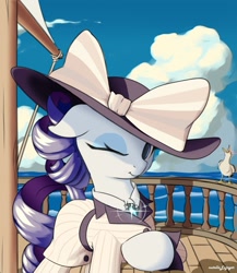 Size: 1043x1199 | Tagged: safe, artist:nutellaenjoyer, rarity, bird, pony, seagull, unicorn, g4, my little pony: friendship is magic, ppov, boat, bow, chest fluff, clothes, cloud, female, floppy ears, gem, giant hat, glowing, glowing eyes, hat, horn, looking at you, mare, ocean, one eye closed, outdoors, raised hoof, raristocrat, rose dewitt bukater, sailboat, shiny, smiling, solo, titanic, water, when you see it, wink, winking at you