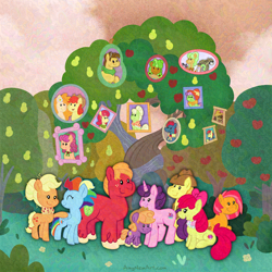 Size: 4096x4096 | Tagged: safe, artist:amynewblue, apple bloom, apple brown betty, apple bumpkin, apple fritter, apple rose, apple split, applejack, auntie applesauce, babs seed, big macintosh, braeburn, bright mac, goldie delicious, grand pear, granny smith, happy trails, little mac, pear butter, prairie tune, rainbow dash, sugar belle, earth pony, pony, unicorn, g4, my little pony: friendship is magic, accessory swap, adversarial noise, apple, apple family, apple family member, apple tree, clothes, female, filly, foal, goldie delicious' shawl, granny smith's shawl, horn, intertwined trees, lesbian, male, older, older apple bloom, older babs seed, outdoors, pear tree, scarf, shawl, ship:appledash, ship:brightbutter, ship:sugarmac, shipping, straight, tree, young granny smith, younger