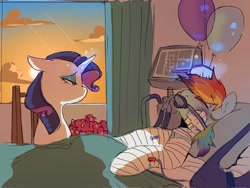 Size: 2048x1536 | Tagged: safe, artist:piesinful, rainbow dash, rarity, pegasus, pony, unicorn, comic:unlucky day, fanfic:cupcakes, g4, balloon, bandage, bed, bouquet, brush, brushing, duo, duo female, female, floppy ears, flower, hairbrush, horn, hospital, hospital bed, indoors, lidded eyes, magic, mare, sunset, telekinesis