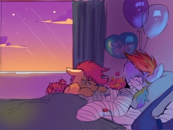 Size: 2048x1536 | Tagged: safe, artist:piesinful, rainbow dash, scootaloo, pegasus, pony, comic:unlucky day, fanfic:cupcakes, g4, balloon, bandage, bed, bouquet, crying, duo, duo female, female, filly, flower, foal, hospital, hospital bed, indoors, mare, sunset, twilight (astronomy)