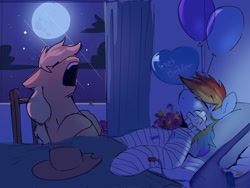 Size: 2048x1536 | Tagged: safe, artist:piesinful, applejack, rainbow dash, earth pony, pegasus, pony, comic:unlucky day, fanfic:cupcakes, g4, balloon, bandage, bed, duo, duo female, female, floppy ears, flower, full moon, hospital, hospital bed, indoors, mare, moon, night, open mouth, sleeping, snoring