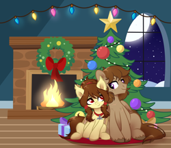 Size: 7680x6650 | Tagged: safe, artist:unichan, oc, oc only, oc:noctalia, oc:talu gana, bat pony, pegasus, pony, bat pony oc, bat wings, christmas, christmas tree, collar, ear fluff, female, fireplace, garland, holiday, indoors, looking at each other, looking at someone, male, night, oc x oc, pegasus oc, pegasus wings, ponytail, present, shipping, sitting, size difference, smiling, smiling at each other, snow, straight, tree, wings