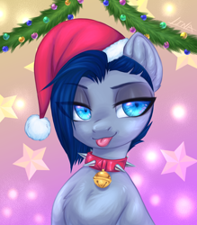 Size: 1230x1402 | Tagged: safe, artist:lina, oc, oc only, oc:lina, oc:lina firesoul, earth pony, :p, abstract background, bedroom eyes, bust, choker, christmas, eyeshadow, female, happy new year, hat, holiday, jingle bells, looking at you, makeup, mare, portrait, santa hat, solo, spiked choker, tongue out