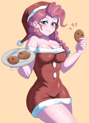 Size: 1485x2048 | Tagged: safe, artist:tzc, pinkie pie, human, equestria girls, g4, :t, bare shoulders, blushing, breasts, busty pinkie pie, christmas, christmas 2024, clothes, cookie, costume, dress, female, food, hat, holiday, humanized, plate, santa costume, santa hat, sexy, sexy santa costume, simple background, sleeveless, solo, yellow background