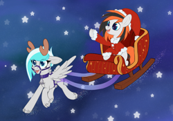 Size: 5000x3500 | Tagged: safe, artist:3akypo, oc, oc only, deer, deer pony, hybrid, original species, christmas, clothes, costume, duo, happy new year, hat, holiday, night, santa costume, santa hat, sky, sleigh