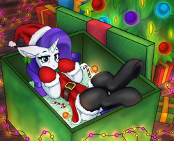 Size: 2500x2025 | Tagged: safe, artist:gantarts, rarity, pony, unicorn, g4, belt, box, candy, candy cane, christmas, christmas outfit, christmas tree, clothes, costume, ear fluff, fairy lights, female, food, hat, high res, holiday, holly, horn, indoors, lying down, mare, on back, pony in a box, present, santa costume, santa hat, socks, solo, tree, underhoof