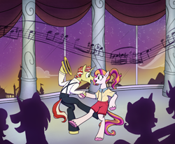 Size: 4976x4096 | Tagged: safe, artist:razzy, flim, oc, pegasus, pony, unicorn, semi-anthro, g4, ballroom, canon x oc, clothes, dancing, digital art, female, horn, male, mare, music notes, night, open mouth, pegasus oc, shipping, stallion