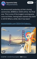 Size: 584x920 | Tagged: safe, artist:hauntedtuba, oc, oc only, oc:golden gates, pegasus, pony, equestria daily, babscon, beach, female, freckles, golden gate bridge, mare, meta, solo, twitter, wave, windswept mane