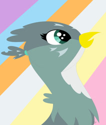 Size: 828x977 | Tagged: safe, artist:funny-arts, part of a set, gabby, griffon, series:gabby griffon in daily activity, g4, beak, bust, cover art, female, implied applejack, implied fluttershy, implied mane six, implied pinkie pie, implied rainbow dash, implied rarity, implied twilight sparkle, open beak, open mouth, open smile, part of a series, ponytail, portrait, smiling, solo