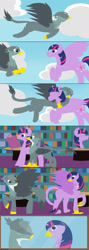 Size: 639x1800 | Tagged: safe, artist:funny-arts, part of a set, gabby, twilight sparkle, alicorn, griffon, pegasus, pony, series:gabby griffon in daily activity, g4, beak, book, cloud, colored hooves, colored wings, coloured muzzle, comic, concave belly, duo, duo female, eyes closed, female, flying, folded wings, griffonized, hooves, hug, library, magic, magic aura, mare, mirror, open beak, open mouth, open smile, part of a series, ponified, ponified gabby, ponytail, sky, smiling, species swap, spellbook, spread wings, table, twilight sparkle (alicorn), wings