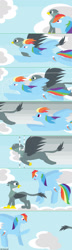 Size: 520x1799 | Tagged: safe, artist:funny-arts, part of a set, gabby, rainbow dash, griffon, pegasus, pony, series:gabby griffon in daily activity, g4, beak, cloud, comic, duo, duo female, eyes closed, female, flying, folded wings, mare, open beak, open mouth, open smile, part of a series, ponytail, race, sky, smiling, wings