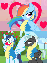 Size: 580x774 | Tagged: safe, artist:cookiebunbun27, rainbow dash, soarin', thunderlane, pegasus, pony, g4, blushing, clothes, crush, female, heart, heart eyes, in love, male, mare, ship:soarindash, shipping, spread wings, stallion, straight, thunderlane is not amused, unamused, uniform, wingboner, wingding eyes, wings, wonderbolt trainee uniform