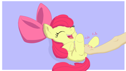 Size: 1920x1080 | Tagged: safe, artist:theponytickler, apple bloom, human, pony, g4, bellyrubs, bloom butt, bow, butt, cute, eyes closed, female, filly, foal, hand, laughing, legs in air, lying down, on back, open mouth, passepartout, plot, tickling, underhoof