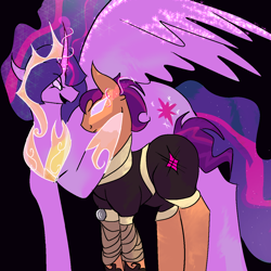 Size: 1280x1280 | Tagged: artist needed, source needed, safe, sunny starscout, twilight sparkle, alicorn, earth pony, pony, g5, armor, duo, duo female, ethereal mane, evil twilight, female, manipulation, mare, pink eyes, possession, short mane, short tail, starry mane, starry tail, sunny and her heroine, tail, twilight sparkle (alicorn), white pupils