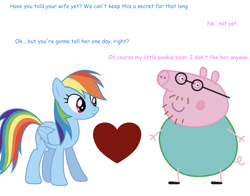 Size: 1691x1324 | Tagged: artist needed, safe, rainbow dash, pegasus, pig, pony, g4, comic sans, crack shipping, crossover, crossover shipping, daddy pig, dialogue, downvote bait, facial hair, female, floating heart, glasses, heart, infidelity, interspecies, male, mare, not salmon, peppa pig, shipping, simple background, straight, trolling, wat, white background