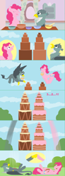 Size: 2202x6014 | Tagged: safe, artist:funny-arts, part of a set, gabby, pinkie pie, earth pony, griffon, pony, series:gabby griffon in daily activity, g4, baking, basket, beak, belly, cake, cloud, comic, duo, duo female, eating, eating contest, eyes closed, female, fist bump, flying, food, food baby, giant food, hammerspace belly, impossible fit, jumping, lying down, mare, on back, open beak, open mouth, open smile, part of a series, ponytail, round belly, sky, smiling, spread wings, stuffed, stuffed belly, stuffing, window, wings