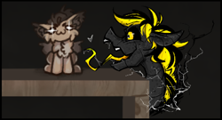 Size: 1280x690 | Tagged: safe, artist:dorkmark, artist:jehr, oc, oc only, oc:dima, oc:jehr, fluffy pony, lizard, lizard pony, original species, pegasus, pony, :3, black and yellow, black eye, black sclera, chest fluff, collaboration, drool, drool string, duo, ear fluff, ears back, electricity, fangs, gift art, gray background, gray body, heart, implied vore, long neck, micro, open mouth, sharp teeth, shelf, shrunken pupils, simple background, sitting, sketch, sparkles, sparkly eyes, speckled, teeth, tongue out, wingding eyes, wings, wood, yellow eyes, yellow mane, yellow tongue