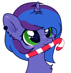 Size: 2634x2720 | Tagged: safe, alternate version, artist:vi45, oc, oc only, oc:blue monday, pony, unicorn, base used, blushing, bust, candy, candy cane, chest fluff, christmas, commission, cute, daaaaaaaaaaaw, female, food, heart, heart eyes, high res, holiday, horn, nom, simple background, solo, white background, wingding eyes, ych result