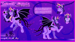 Size: 1920x1080 | Tagged: safe, artist:willoillo, twilight sparkle, alicorn, hybrid, original species, g4, adversarial noise, alternate cutie mark, alternate universe, art, bat wings, chaos, claws, color palette, colored wings, commission, element of magic, emotes, eyebrows, eyebrows visible through hair, eyes do not belong there, fangs, featureless crotch, female, flying, hair bun, height difference, horn, horn ring, illustration, jewelry, magic, multiple eyes, multiple tails, paws, raised paw, reference sheet, ring, scales, solo, standing, tail, tiara, twilight sparkle (alicorn), two toned wings, wing claws, wings