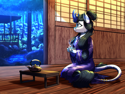 Size: 2000x1500 | Tagged: safe, artist:celes-969, oc, kirin, anthro, clothes, comfy, cup, female, garden, glasses, kimono (clothing), kirin oc, kneeling, long hair, mare, solo, table, teacup, teapot