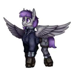 Size: 2300x2300 | Tagged: safe, artist:molars, oc, oc only, oc:morning glory (project horizons), pegasus, pony, ashes town, fallout equestria, fallout equestria: project horizons, boots, clothes, commission, enclave, enclave uniform, fallout equestria oc, fanfic art, female, female oc, full body, jacket, mare oc, pants, pegasus oc, purple mane, rendered, shoes, short mane, simple background, solo, spread wings, stars, transparent background, uniform, wings