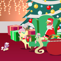 Size: 2160x2160 | Tagged: safe, anonymous artist, big macintosh, fluttershy, mallow flower, spearmint gust, earth pony, pegasus, pony, unicorn, series:fm holidays, series:hearth's warming advent calendar 2024, g4, advent calendar, alternate hairstyle, amused, animal costume, bell, bell collar, big macintosh is not amused, bored, chair, christmas, christmas lights, christmas tree, clothes, collar, costume, cute, female, filly, fluttershy is amused, foal, grin, high res, holiday, horn, indoors, lineless, male, mall santa, mare, open mouth, open smile, pointy ponies, present, red nose, reindeer costume, saddle, santa costume, scroll, ship:fluttermac, shipping, short mane, shyabetes, smiling, stallion, stifling laughter, straight, tack, tree, unamused