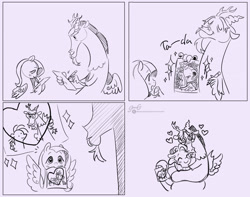 Size: 2040x1605 | Tagged: safe, artist:samsemogart, discord, fluttershy, g4, 4 panel comic, art, artist, blushing, comic, drawing, heart, hisscord, hug, monochrome, paper, pencil drawing, sparkles, ta-da!, traditional art