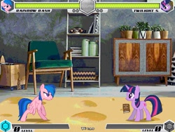 Size: 993x745 | Tagged: safe, artist:tom artista, firefly, rainbow dash, pegasus, pony, unicorn, fighting is magic, g4, bipedal, book, cabinet, chair, cheese, decoration, detailed, detailed background, fan game, food, game screencap, horn, indoors, irl, magic, mat, needs more jpeg, new, ornament, photo, plant, recolor, stage, telekinesis, wall