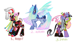 Size: 2048x1207 | Tagged: safe, artist:eyerealm, artist:junglicious64, oc, oc only, oc:aurora, oc:hecate, oc:rabbit, alicorn, earth pony, pony, unicorn, adoptable, adoptable open, alicorn oc, augmented, bangs, bat wings, beads, beauty mark, black and white mane, black and white tail, black coat, blank flank, blaze (coat marking), blue coat, blue sclera, bow, bowtie, box braids, braid, bunny ears, bunny tail, cascading cutie mark, choker, clothes, coat markings, collaboration, colored belly, colored eyelashes, colored horn, colored horns, colored horntip, colored legs, colored lineart, colored muzzle, colored pupils, colored sclera, colored teeth, colored wings, cross, curved horns, ear tufts, earth pony oc, ethereal mane, ethereal tail, ethereal wings, eye markings, eyeball, eyelashes, eyepatch, eyeshadow, facial markings, fake ears, fake horns, fake wings, fangs, female, flower, flower in hair, for sale, frilly socks, frutiger metro, glowing, glowing mane, glowing tail, glowing wings, gradient mane, gradient tail, gradient wings, green coat, green text, hair accessory, hair bow, hoof shoes, horn, hornless unicorn, horns, leg markings, long mane, long tail, looking back, makeup, mane accessory, mare, mismatched socks, multicolored mane, multicolored tail, multicolored wings, no catchlights, open mouth, open smile, pale belly, pale muzzle, pink eyes, pink pupils, pink text, platform shoes, profile, purple eyelashes, purple eyeshadow, raised hoof, red eyelashes, red eyes, red pupils, red sclera, red text, shoes, simple background, smiling, socks, sparkles, sparkly eyes, sparkly mane, sparkly tail, sparkly wings, spread wings, standing, standing on three hooves, straight mane, straight tail, striped horns, striped socks, tail, tail accessory, tail bow, tail markings, thick eyelashes, thin tail, three quarter view, tied mane, trio, two toned horn, two toned mane, two toned tail, wall of tags, watermark, white background, white tail, white wings, wingding eyes, wings, yellow teeth