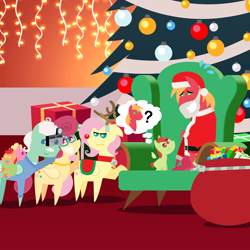 Size: 2160x2160 | Tagged: safe, anonymous artist, big macintosh, fluttershy, gentle breeze, posey shy, oc, oc:apple sorbet, oc:late riser, oc:pink lemonade, earth pony, pegasus, pony, series:fm holidays, series:hearth's warming advent calendar 2024, g4, advent calendar, alternate hairstyle, animal costume, baby, baby carrier, baby pony, bell, bell collar, camera, chair, christmas, christmas lights, christmas tree, clothes, collar, colt, costume, emanata, eyebrows, family, father and child, father and son, female, filly, floppy ears, fluttershy is not amused, foal, frown, grandparents, grin, high res, holiday, hoof hold, indoors, lineless, male, mall santa, mare, nervous, nervous smile, offspring, pacifier, parent:big macintosh, parent:fluttershy, parents:fluttermac, plewds, pointy ponies, present, question mark, raised eyebrow, red nose, reindeer costume, saddle, santa costume, ship:fluttermac, ship:shys, shipping, short mane, smiling, stallion, straight, tack, thought bubble, tree, unamused