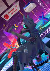 Size: 751x1063 | Tagged: safe, artist:wavecipher, oc, oc only, oc:gear works, cyborg, cyborg pony, pony, augmentation, augmented, augmented tail, crossover, error message, male, mask, microsoft, microsoft windows, prosthetics, respirator, robotic arm, servo arm, solo, tail, techpriest, virtual reality, warhammer (game), warhammer 40k