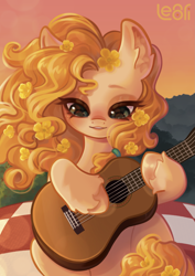 Size: 2283x3233 | Tagged: safe, artist:lenori, pear butter, earth pony, pony, g4, my little pony: friendship is magic, the perfect pear, artwork, bust, buttercup, digital art, flower, food, guitar, illustration, musical instrument, pear, portrait, soft, soft shading, solo, sunset