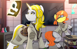 Size: 6950x4380 | Tagged: safe, artist:tinnitus, oc, oc only, oc:dazling meadows, oc:sandy house, pony, unicorn, fallout equestria, alchemy, closet, clothes, fallout, fallout equestria: parallelism, fanfic art, female, flask, goggles, horn, lab coat, lamp, male, mare, pipbuck, potions, room, science, scientist, scroll, stallion, table, test tube, x-ray