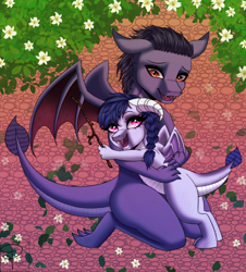 Size: 1804x2000 | Tagged: safe, artist:pearl123_art, oc, oc only, dragon, fanfic:the lost element, braid, braided ponytail, brother and sister, cute, dragon oc, dragoness, duo, fanfic art, female, hair, happy, hug, male, non-pony oc, offspring, parent:princess ember, parent:unnamed oc, parents:canon x oc, ponytail, siblings, stick