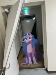 Size: 999x1335 | Tagged: safe, artist:aztrial, izzy moonbow, pony, unicorn, g5, adoracreepy, broken door, creepy, cute, door, excited, eyebrows, eyebrows visible through hair, featured image, hallway, happy, hi new friend, horn, imminent snuggles, intimidating, irl, izzybetes, meme, oh god no, oh no, open mouth, open smile, photo, ponies in real life, raised eyebrows, run, sign, smiling, solo, there is no escape, this will end in friendship, this will end in hugs, this will end in snuggles, unshorn fetlocks