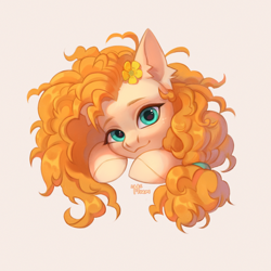 Size: 3500x3500 | Tagged: safe, artist:miurimau, pear butter, earth pony, pony, g4, beige background, bust, buttercup, cute, female, flower, flower in hair, high res, looking at you, mare, pearabetes, simple background, smiling, smiling at you, solo