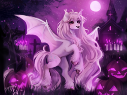 Size: 1264x953 | Tagged: safe, artist:sweettsa1t, oc, oc only, bat pony, pony, candle, chest fluff, church, ear fluff, ear tufts, fangs, female, full moon, graveyard, halloween, holiday, jack-o-lantern, mare, moon, night, pumpkin, solo, spider web, stars, unshorn fetlocks