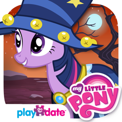 Size: 1024x1024 | Tagged: safe, playdate digital, twilight sparkle, pony, unicorn, g4, luna eclipsed, my little pony: friendship is magic, my little pony: trick or treat, official, app icon, cloak, clothes, cosplay, costume, dead tree, female, full moon, grin, hat, mare, moon, my little pony logo, nightmare night costume, outdoors, smiling, solo, star swirl the bearded costume, tree, twilight the bearded, unicorn twilight