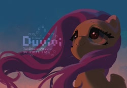 Size: 2048x1431 | Tagged: safe, artist:duvivi, fluttershy, pegasus, pony, g4, dusk, female, looking up, mare, smiling, solo, windswept mane