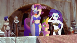 Size: 900x507 | Tagged: safe, artist:aerodactylfan6, artist:lennonblack, edit, edited screencap, screencap, rarity, spike, dragon, human, twi'lek, unicorn, anthro, equestria girls, g4, belly button, belly dancer outfit, bib fortuna, bikini, bikini top, breasts, busty rarity, clothes, female, fire ruby, gem, horn, loincloth, male, midriff, ruby, ship:sparity, shipping, slave leia outfit, spike gets all the mares, spike gets all the rarities, star wars, star wars: the phantom menace, straight, swimsuit