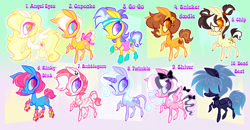 Size: 4432x2302 | Tagged: safe, artist:janegumball, oc, oc only, oc:angel eyes, oc:bubblegum, oc:chip, oc:cupcake, oc:dead beat, oc:go-go, oc:rinky-dink, oc:shiver, oc:snicker doodle, oc:twinkle, earth pony, pegasus, pony, unicorn, zebra, blaze (coat marking), blue eyelashes, blue sclera, bow, choker, clothes, coat markings, colored eyelashes, colored horn, colored pupils, colored sclera, colored wings, colored wingtips, ear piercing, earring, earth pony oc, facial markings, folded wings, freckles, gradient background, gradient mane, gradient tail, hair bow, hair over eyes, hairclip, headband, heart, heart eyes, high res, horn, jewelry, leg warmers, leonine tail, leotard, not trixie, orange eyelashes, orange pupils, pegasus oc, piercing, pigtails, pink pupils, purple eyelashes, purple pupils, raised hoof, roller skates, skates, socks, socks (coat markings), spiked choker, spread wings, sweatband, tail, tail bow, unicorn oc, wingding eyes, wings, zebra oc