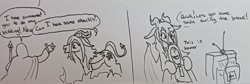 Size: 2048x688 | Tagged: safe, artist:pony quarantine, oc, oc only, oc:anon, demon, demon pony, human, pony, 2 panel comic, comic, dialogue, duo, female, grayscale, mare, monochrome, pen drawing, penetration, speech bubble, summoning, television, traditional art, wholesome