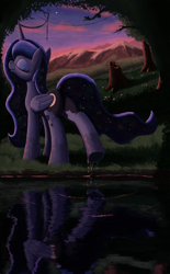 Size: 2268x3658 | Tagged: safe, artist:maretian, princess luna, alicorn, pony, g4, butt, dusk, ethereal mane, ethereal tail, eyes closed, eyeshadow, female, folded wings, horn, makeup, mare, moonbutt, mountain, mountain range, night, night sky, plot, pond, praise the moon, raised hoof, reflection, scenery, sky, smiling, solo, starry mane, starry tail, stars, tail, tree, water, water drops, wet, wings