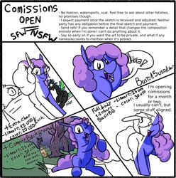 Size: 1222x1230 | Tagged: source needed, useless source url, safe, artist:dinexistente, oc, oc only, oc:campone, advertisement, comic, commission info, commission open, dusk, twilight (astronomy)