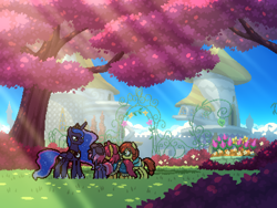 Size: 800x600 | Tagged: safe, artist:rangelost, princess luna, oc, oc:honourshine, oc:moonflower, oc:trailblazer, alicorn, bat pony, earth pony, cyoa:d20 pony, g4, alicorn oc, bat pony oc, canterlot, cap, cloak, clothes, crepuscular rays, cyoa, digital art, disguised alicorn, earth pony oc, flower, garden, glasses, group, hat, horn, pixel-crisp art, quartet, scenery, scenery porn, tree, wings