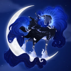 Size: 1800x1800 | Tagged: safe, artist:dementra369, princess luna, alicorn, pony, g4, alternate design, crescent moon, curved horn, ear tufts, eyes closed, fangs, female, fetlock tuft, full body, goddess, horn, horn jewelry, hybrid wings, jewelry, leg jewelry, mare, moon, night, night sky, night sky background, sky, sky background, solo, standing, tangible heavenly object, wings