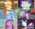 Size: 1440x1216 | Tagged: safe, artist:moonlightshadows, edit, edited screencap, screencap, applejack, fluttershy, madame leflour, pinkie pie, rainbow dash, rarity, twilight sparkle, earth pony, pegasus, pony, unicorn, canterlot boutique, fame and misfortune, g4, lesson zero, my little pony: friendship is magic, party of one, season 1, season 2, season 5, season 6, season 7, tanks for the memories, the best night ever, where the apple lies, angry, angry face, bedroom, carousel boutique, ceiling light, clock is ticking, clothes, creepy, creepy smile, crying, dress, english, fabric, female, filly, filly applejack, floppy ears, flower, flower in hair, freckles, frustrated, gala dress, garden, golden oaks library, gritted teeth, hat, holding head, hooves together, horn, messy mane, nervous laugh, party hat, pillow, pinkamena diane pie, planning, psychedelic background, quote, ruined makeup, sewing machine, shrunken pupils, sinister smile, smiling, spread wings, stress couture, stressed, sweat, sweatdrops, tears of pain, teeth, text, the dark knight, twilight snapple, twilighting, unicorn twilight, watermark, why i'm creating a gown darling, wings, wonderbolts flag, you're going to love me, younger