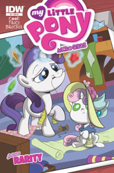 Size: 825x1252 | Tagged: safe, artist:sibsy, idw, official comic, rarity, sweetie belle, pony, unicorn, g4, micro-series #3, my little pony micro-series, baby, baby belle, baby pony, baby sweetie belle, belle sisters, comic cover, cover, cover art, fabric, female, filly, filly rarity, foal, gem, glowing, glowing horn, horn, magic, magic aura, mouth hold, my little pony logo, needle, raised hoof, sewing, siblings, sisters, spool, tail, variant cover, younger